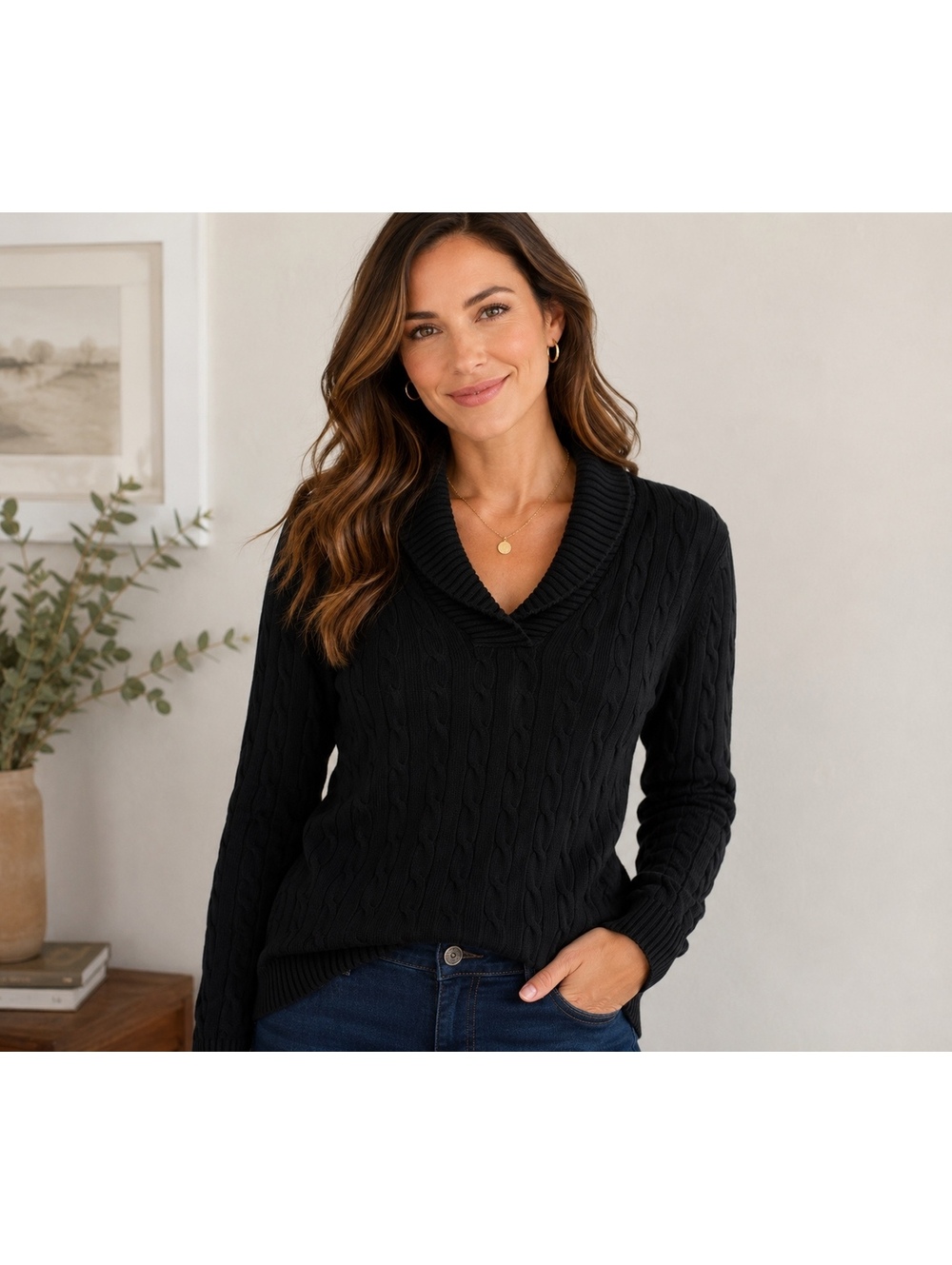 Chaps Women’s Large Black Cable Knit Shawl Collar Sweater Preppy